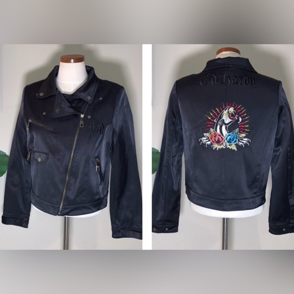 Ed Hardy By Christian Audigier Panther & Rhinestone Roses Sateen Moto Jacket, L